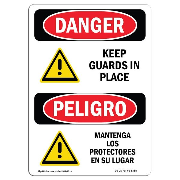 Signmission OSHA Sign, Keep Guards In Place Bilingual, 5in X 3.5in Decal, 10PK, 3.5" W, 5" H, Spanish, PK10 OS-DS-D-35-VS-1388-10PK